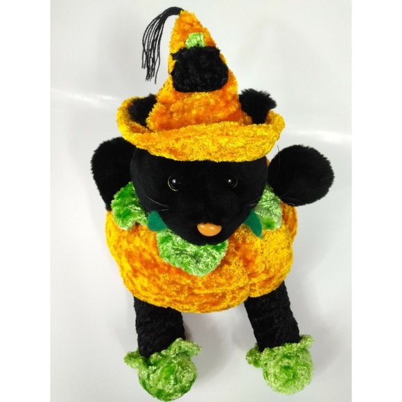 Halloween Plush Black Cat Jack-o-Lantern & Witch Brew Hat Stuffed Animal Toy 14" - Picture 1 of 11